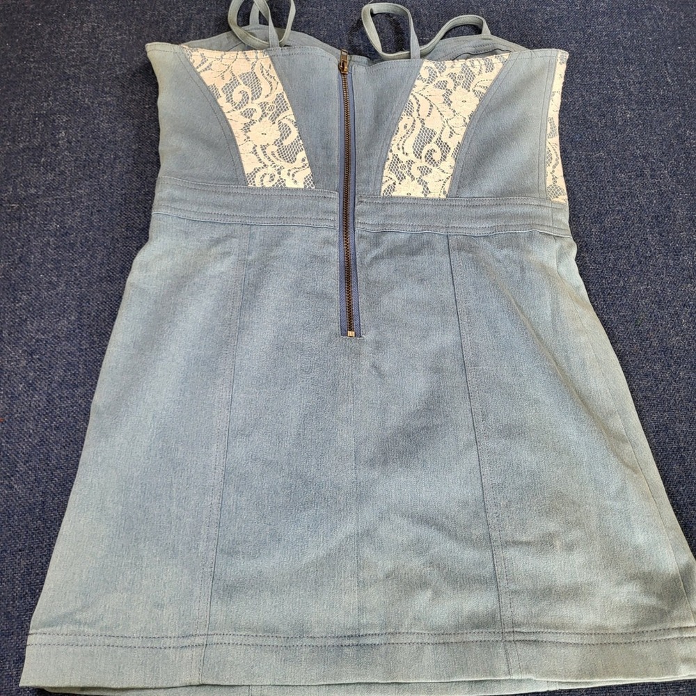 Fumblin Foe Light Blue Denim Lace Bustier Mini Dress Sweetheart Medium NWT - Picture 5 of 9